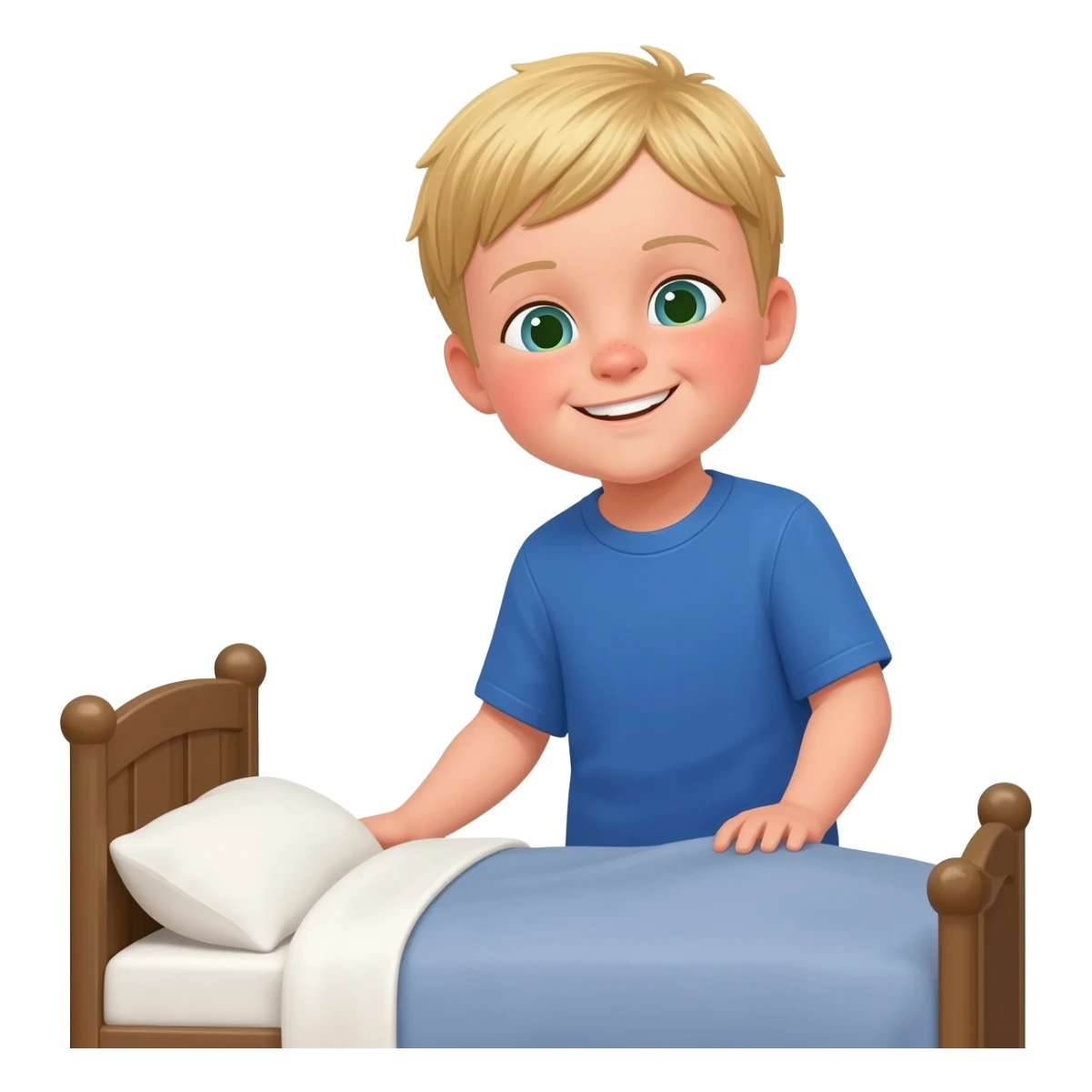 Use the same 3 year old blonde boy with green-blueish eyes as before  happy with blue tshirt making his bed with neat pillows sticker