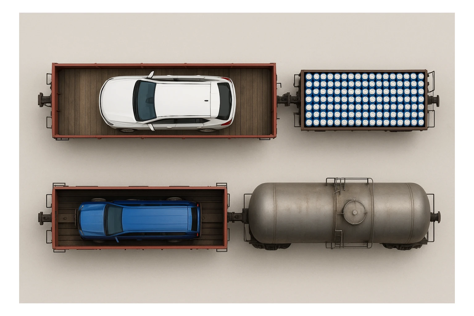 Вид строго сверху (top-down). Реалистичный грузовой поезд из трёх вагонов.
Вагон 1: внутри одна большая белая машина Chevrolet (без логотипов и без каких-либо надписей).
Вагон 2: много одинаковых банок синего цвета, похожих на напиток Pepsi, уложенных плотными рядами, но без логотипов и надписей.
Вагон 3: железнодорожная цистерна для газа, полностью реалистичная, без надписей, без маркировки, без символов.
Ничего не обрезано, весь поезд полностью помещается в кадр сверху. Чистый нейтральный фон, без окружения. Максимальная реалистичность, ровный свет. sticker