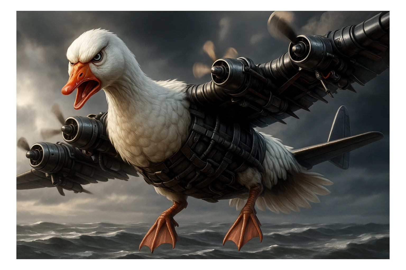 Change the expression of the goose-plane creature to angry, keeping all other details and colors the same, in a style consistent with the original image. sticker