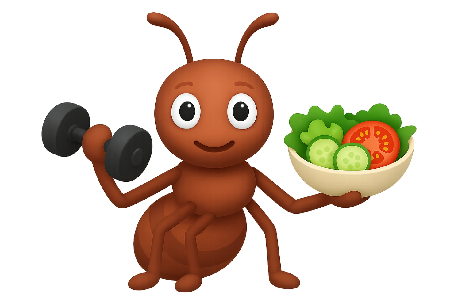 EMOJI STILE IPHONE 3D DI UNA formica CHE ha un manubrio da palestra nella mano destra e un insalata nella mano sinistra, FAGLI GLI OCCHI CON LA PARTE BIANCA, NON SOLO LA PUPILLA sticker