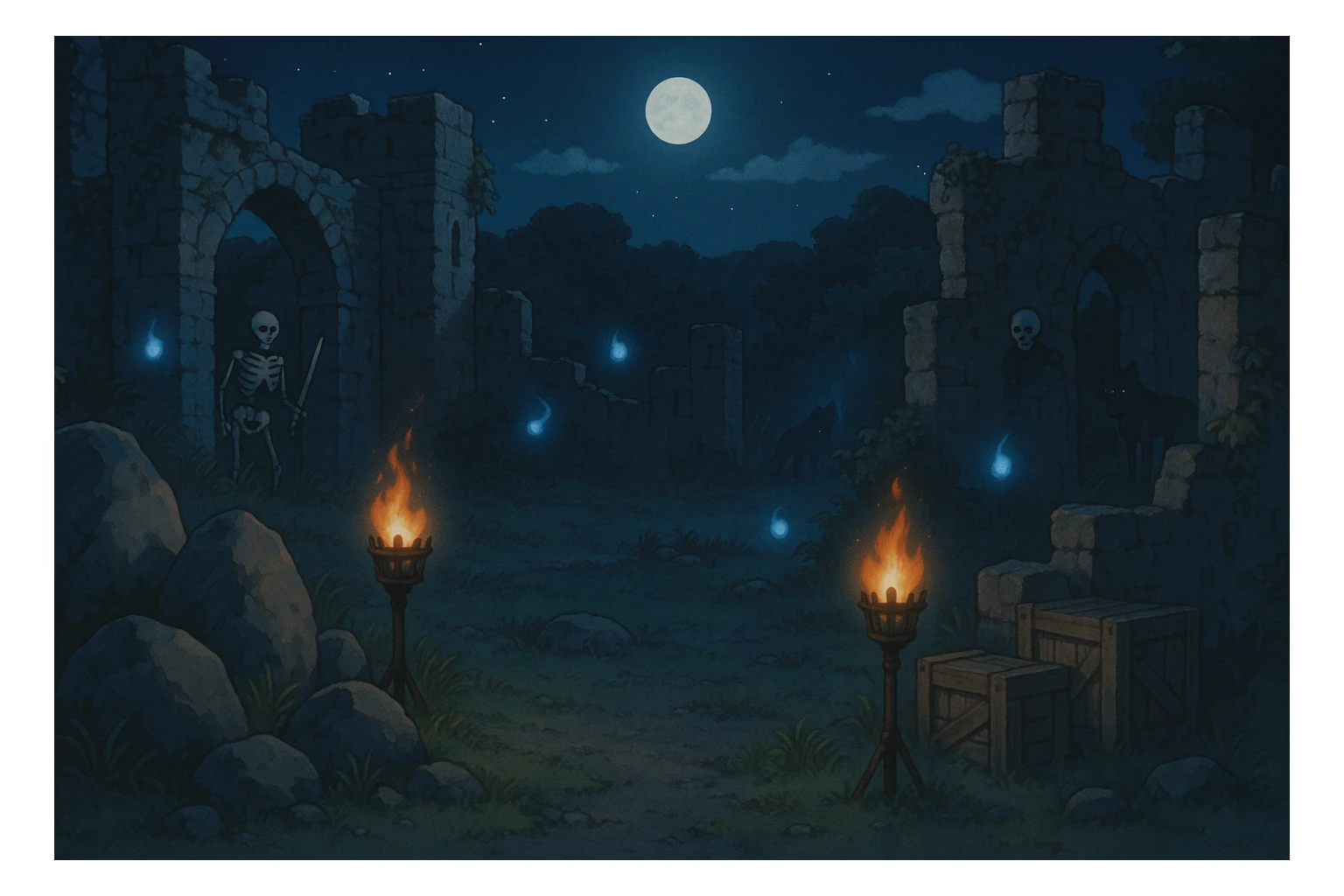 midnight within the ruins of abandoned castle yard, protrude boulders, amid iron torches and crates tucked behind, skeleton warriors, wisps, and wolves linger just in the edge of view behind scenery, very subtly, appearing safe with hidden threat sticker