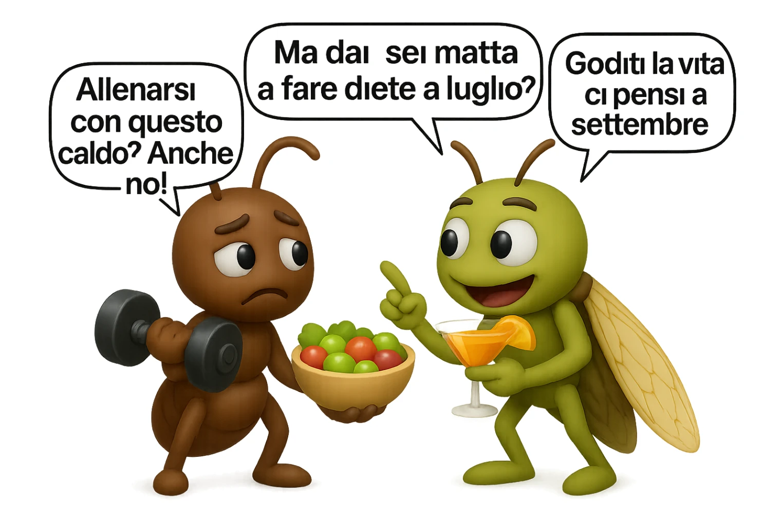 EMOJI STILE IPHONE 3D DI una cicala e una formica che parlano tra loro, la formica ha nella mano destra un manubrio da palestra e nella nella mano sinistra una bowl di insalata, la cicala invece ha un cocktail in mano, la cicala prende in giro la formica E LE DICE IN 3 FUMETTI DIFFERENTI: "Ma dai, sei matta a fare diete a luglio?”
“Allenarsi con questo caldo? Anche no!”
“Goditi la vita, ci pensi a settembre.”
 sticker