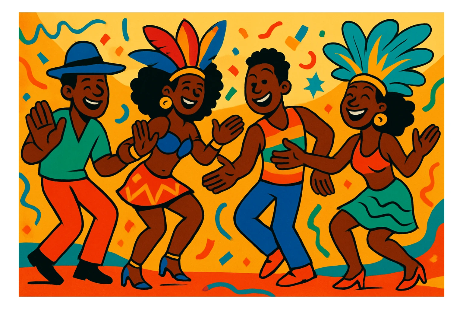 Black people dancing the samba, hands beckoning, vibrant, joyful, expressive movement, colorful costumes, festive atmosphere sticker