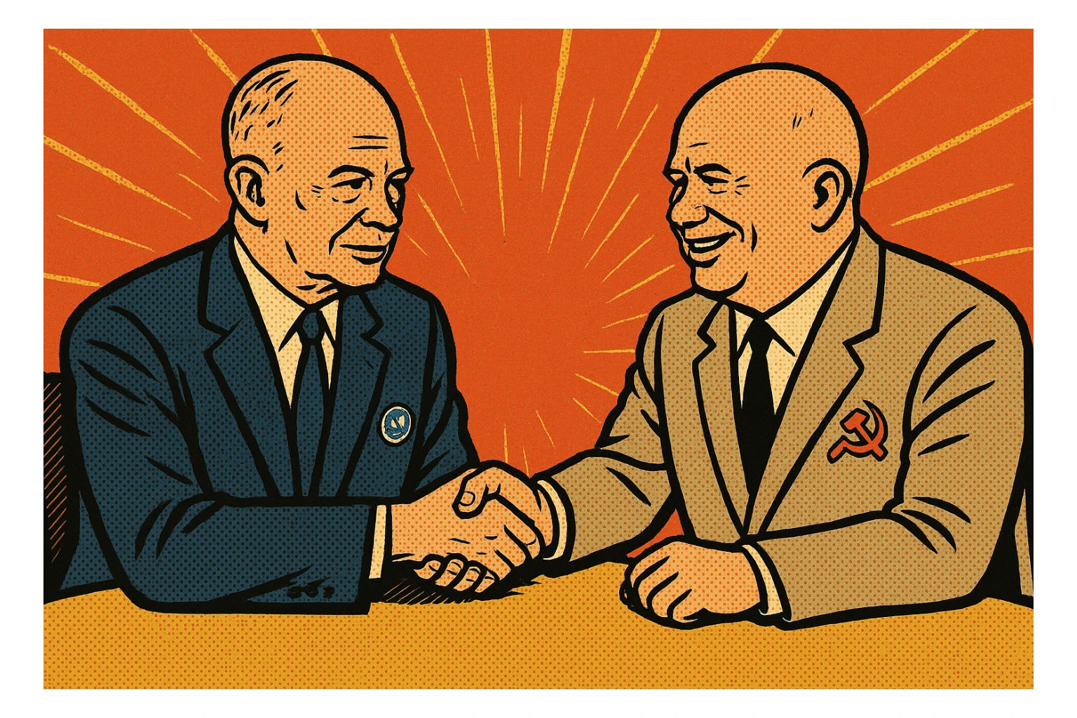 US President Eisenhower wearing a suit with a US badge on the chest shaking hands with Soviet leader Khrushchev wearing a communist party badge and smiling. They are sitting around a negotiating table. sticker