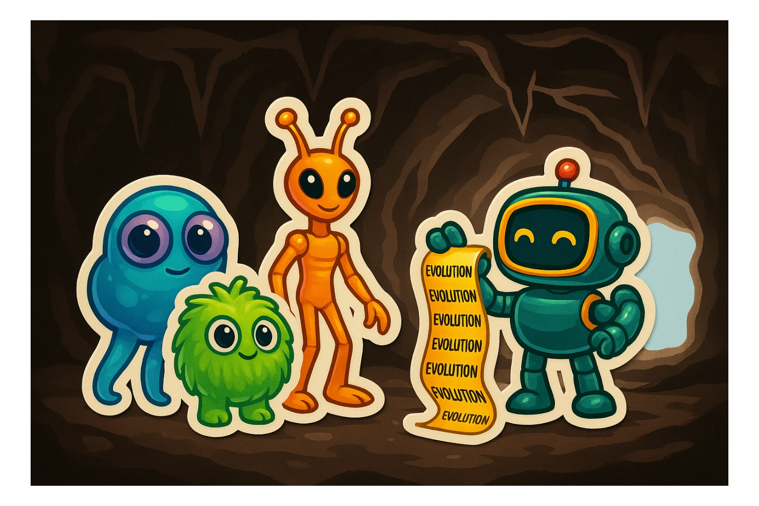 Replace the three lizard-like aliens with new, unique alien designs featuring different shapes, colors, and features. Keep the robot exactly the same. Use a playful and bold style with a cave background in retro stickers style. sticker