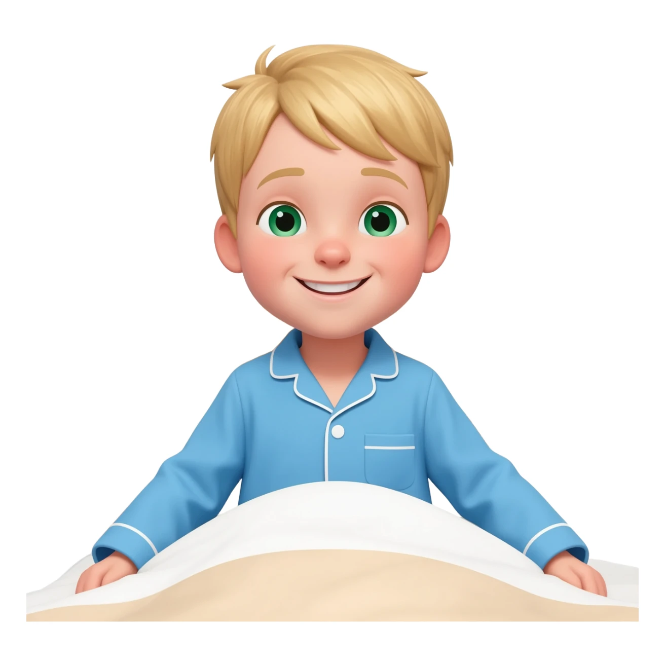 Use the same 3 year old blonde boy with green-blueish eyes same as before  happy with plain blue pajamas making his bed sticker