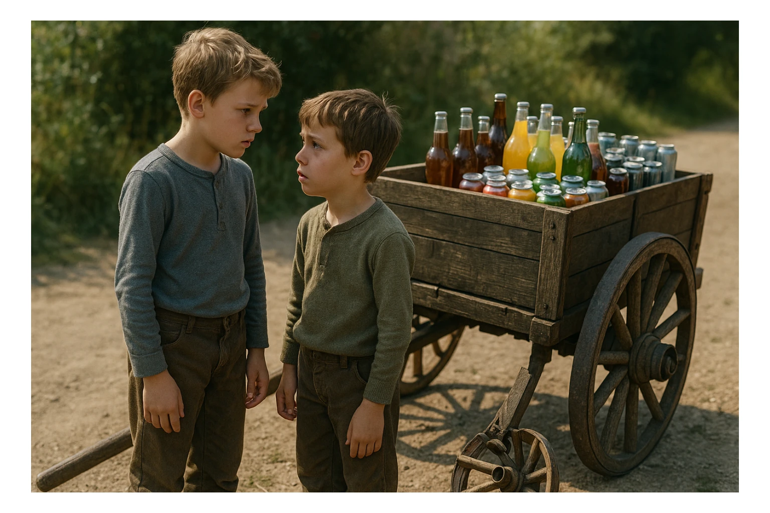 Bir g'ildiragi singan ichimliklar ortilgan arava uning yonida aka uka bir biriga havotirli nigoh bilan qarab turibdi realistik uslubda sticker