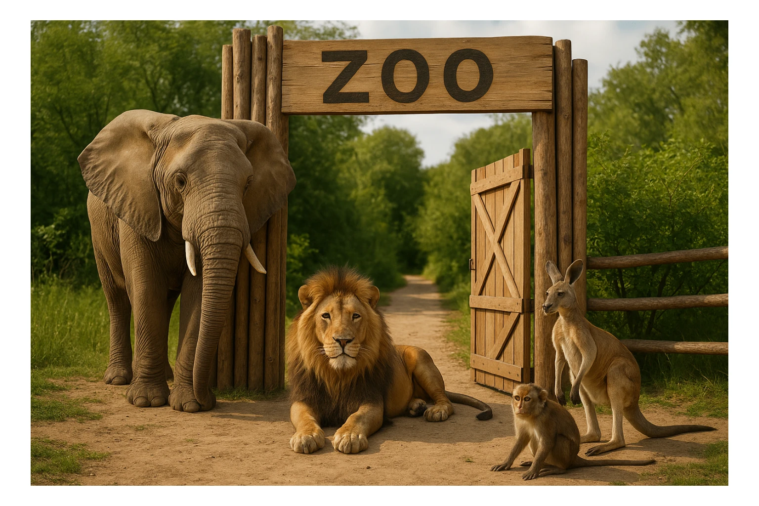 wooden zoo gate with 'zoo' written on it, open, realistic elephant, lion, kangaroo, and monkey standing nearby, natural and hand-made look, animals true to life, not AI-generated sticker
