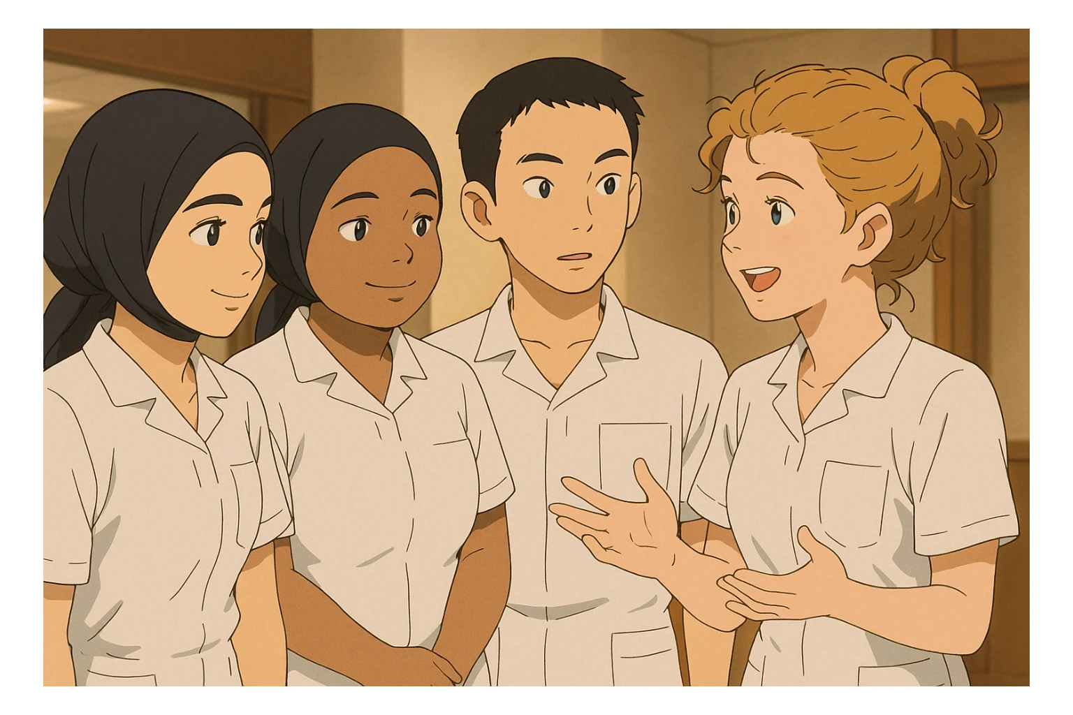 Groupe de quatre étudiants infirmiers, style Ghibli, en interaction dans un environnement intérieur. Uniformes médicaux blancs, manches courtes, col en V, poche poitrine à gauche, pas de stéthoscopes ni pied de col, avant-bras nus, cheveux longs attachés. Inspirés des quatre personnes sur les photos jointes. sticker