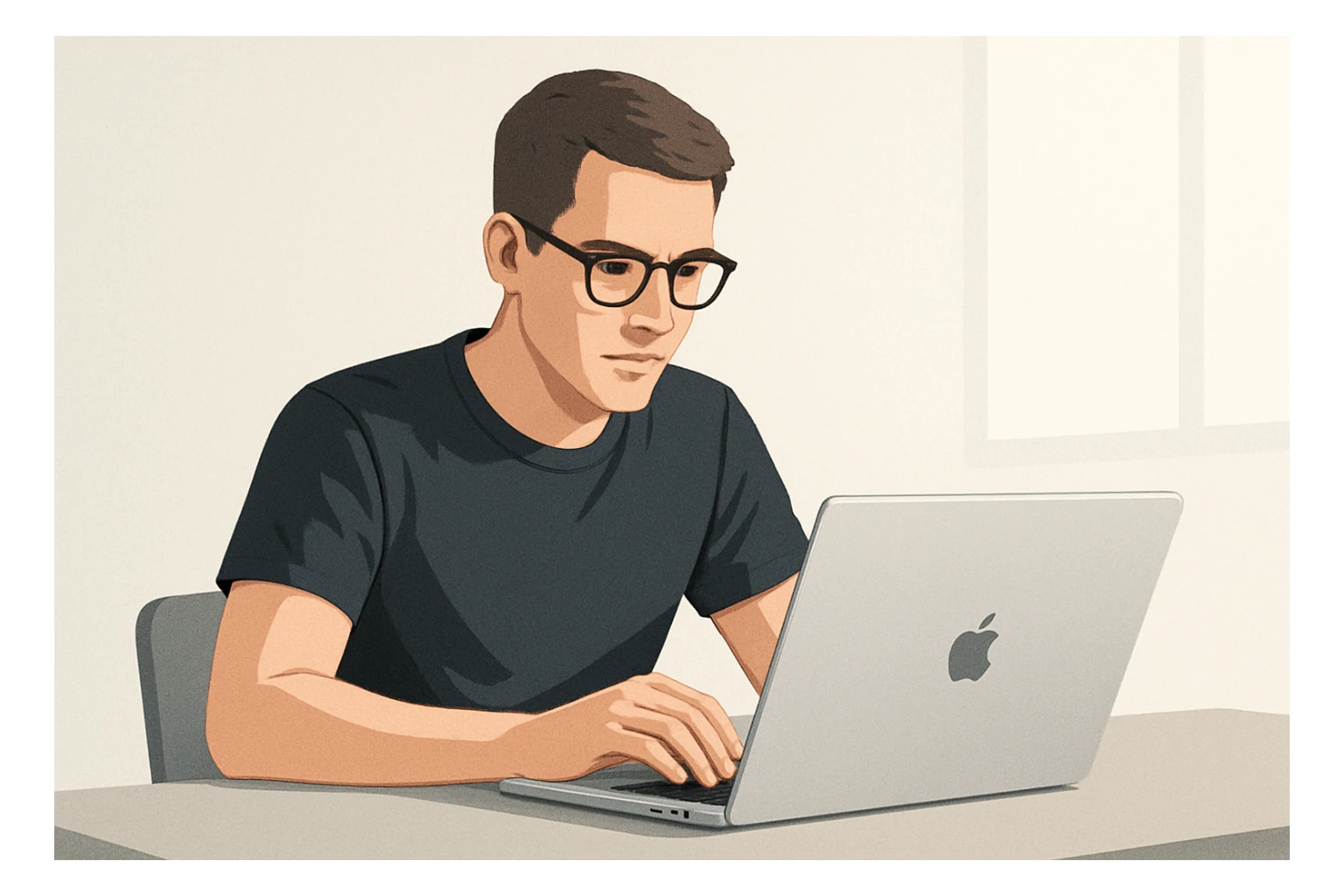 A modern and clear depiction of a man working on a MacBook, wearing glasses sticker