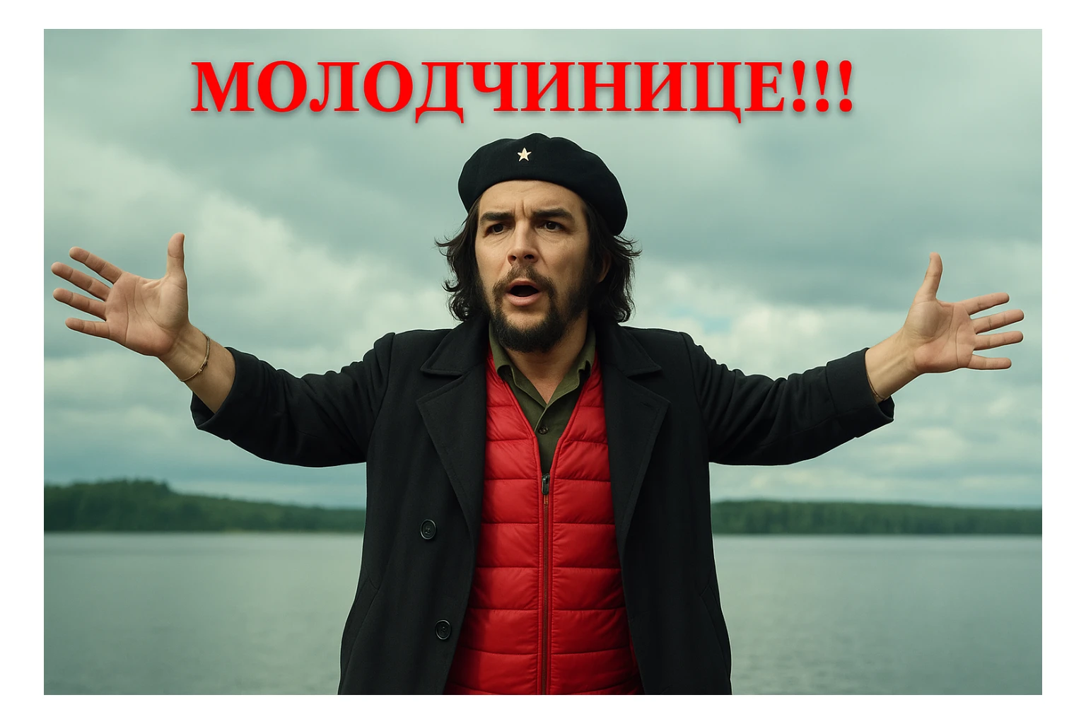 Сгенерируй мне в такой же позе и в такой же одежде Че Гевара  sticker