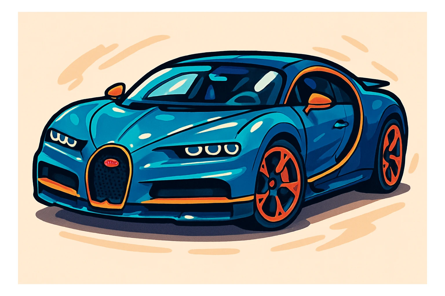 Bugatti Chiron, cartoon style, three-quarter angle, dynamic, glossy, whimsical sticker