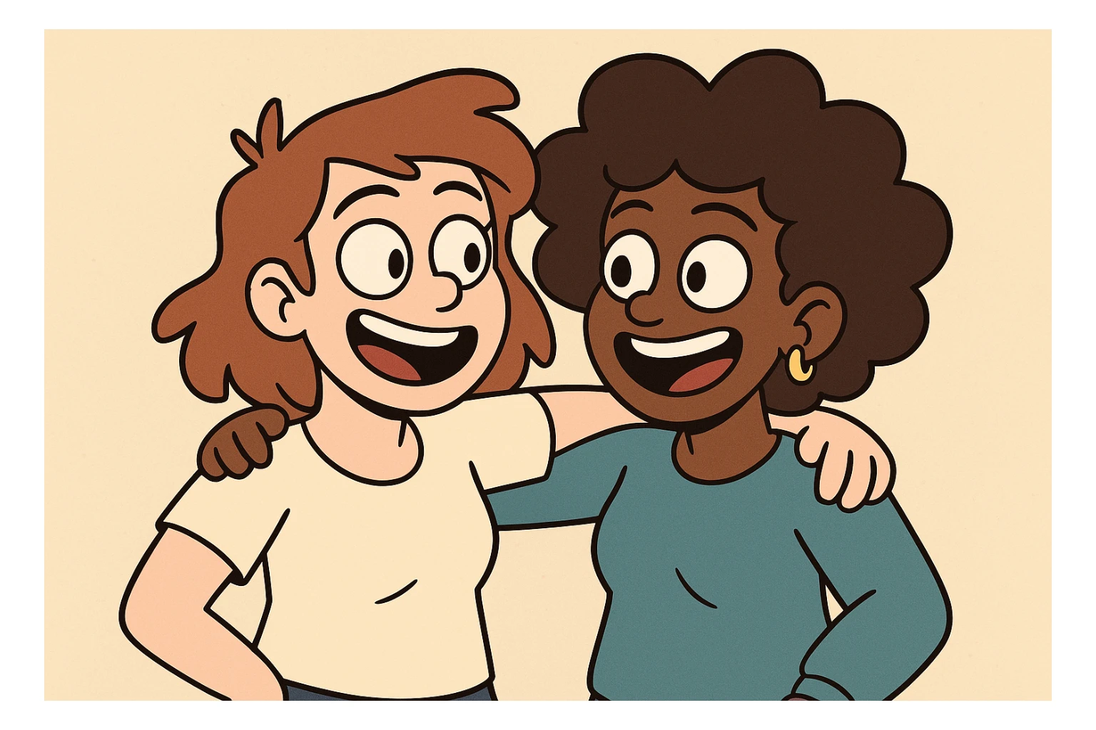 two best friends together, cheerful, modern cartoon style sticker