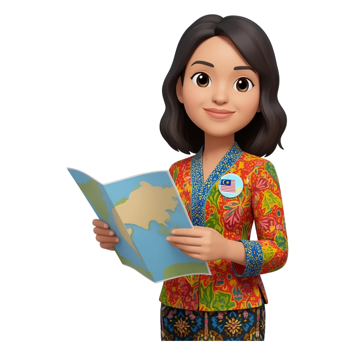 Female Malaysian Tourist Guide with Badge, Batik Clothes & hold a Map sticker