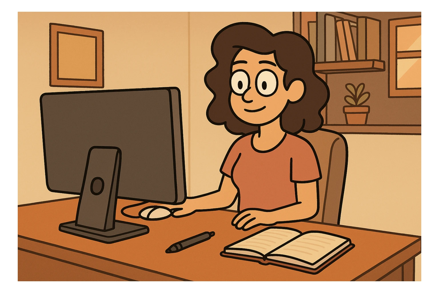 a setup with a computer, a mouse, a pen, and a notebook, cozy home office, warm lighting, inviting atmosphere sticker