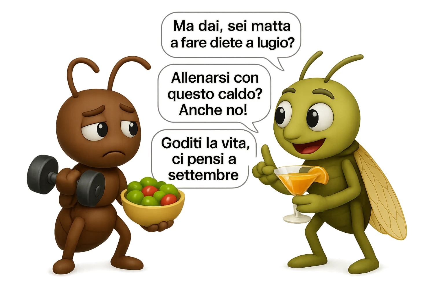 EMOJI STILE IPHONE 3D DI una cicala e una formica che parlano tra loro, la formica ha nella mano destra un manubrio da palestra e nella nella mano sinistra una bowl di insalata, la cicala invece ha un cocktail in mano, la cicala prende in giro la formica E LE DICE IN 3 FUMETTI DIFFERENTI: "Ma dai, sei matta a fare diete a luglio?”
“Allenarsi con questo caldo? Anche no!”
“Goditi la vita, ci pensi a settembre.”
 sticker