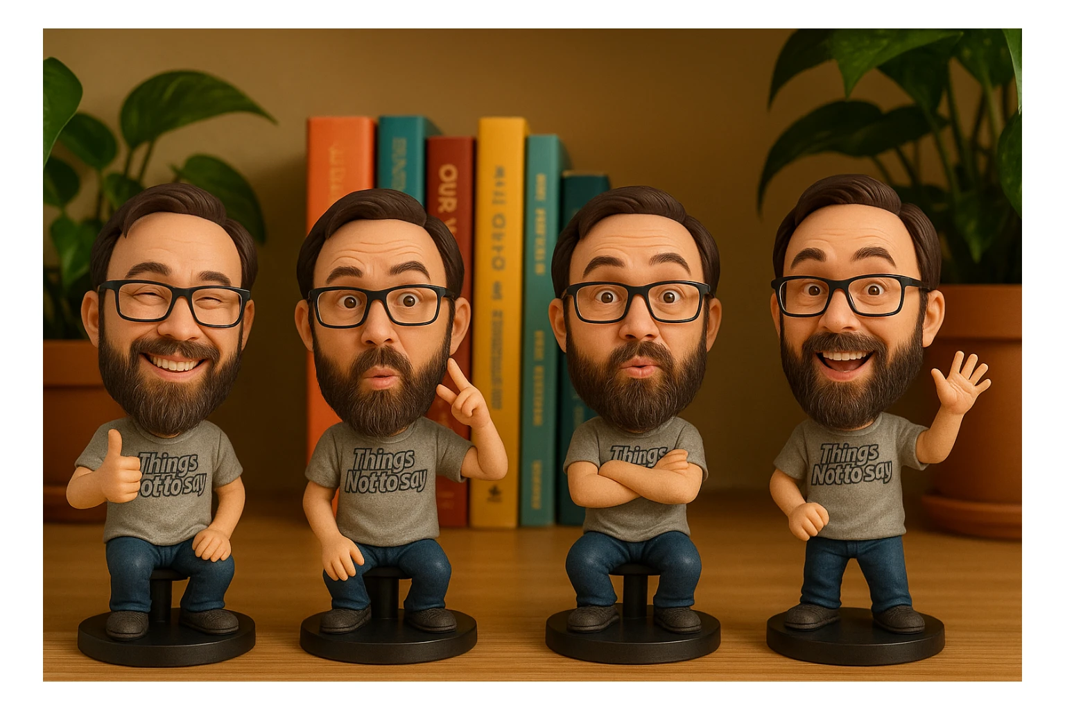 Create a group of bobbleheads featuring the person from the photo, each with a different playful pose and expression, in the bobblehead style. sticker