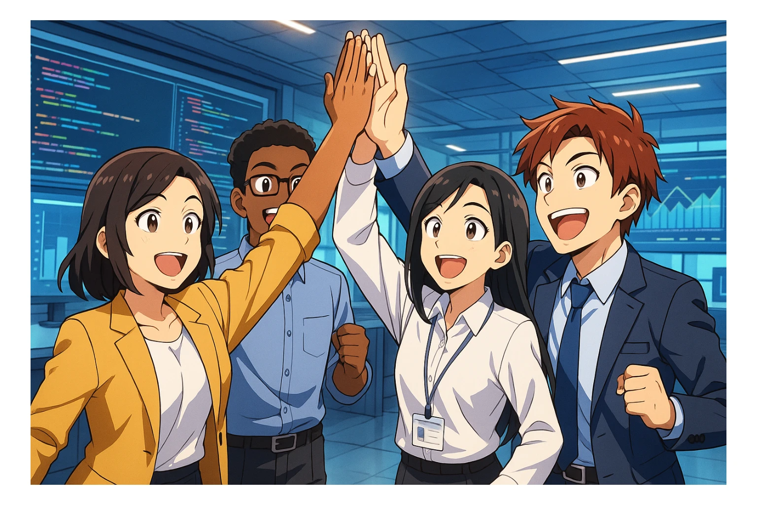 équipe IA/ML diverse célébrant un succès, high five collectif, arrière-plan avec écrans de code et graphiques, style anime vibrant et professionnel sticker