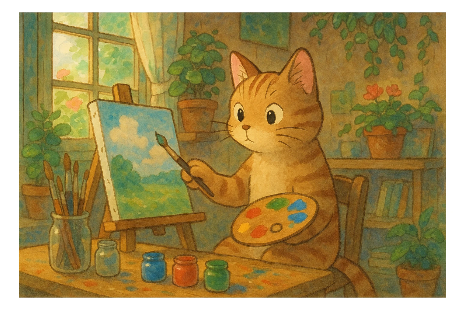 cat painting on a canvas, ghibli-inspired style sticker