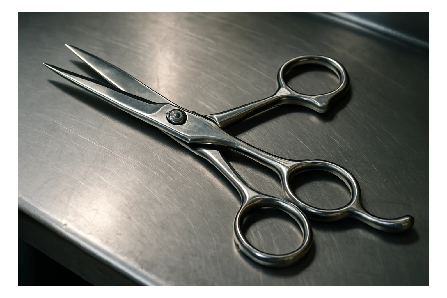 A set of professional barber scissors lies on a stainless steel workbench, gleaming under the bright lights. The blades are sharp and precise, with smooth handles showing signs of frequent use, ready for the next cut sticker