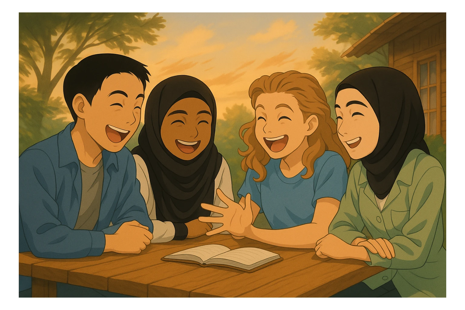 Edit the image to keep the same characters, colors, and style exactly as the original, but change their expressions so that all are laughing heartily with joyful expressions. The wind is blowing the trees in the background, and the pages of the book on the table are moving slightly. The characters must be identical in every detail to the original, only their expressions change. sticker