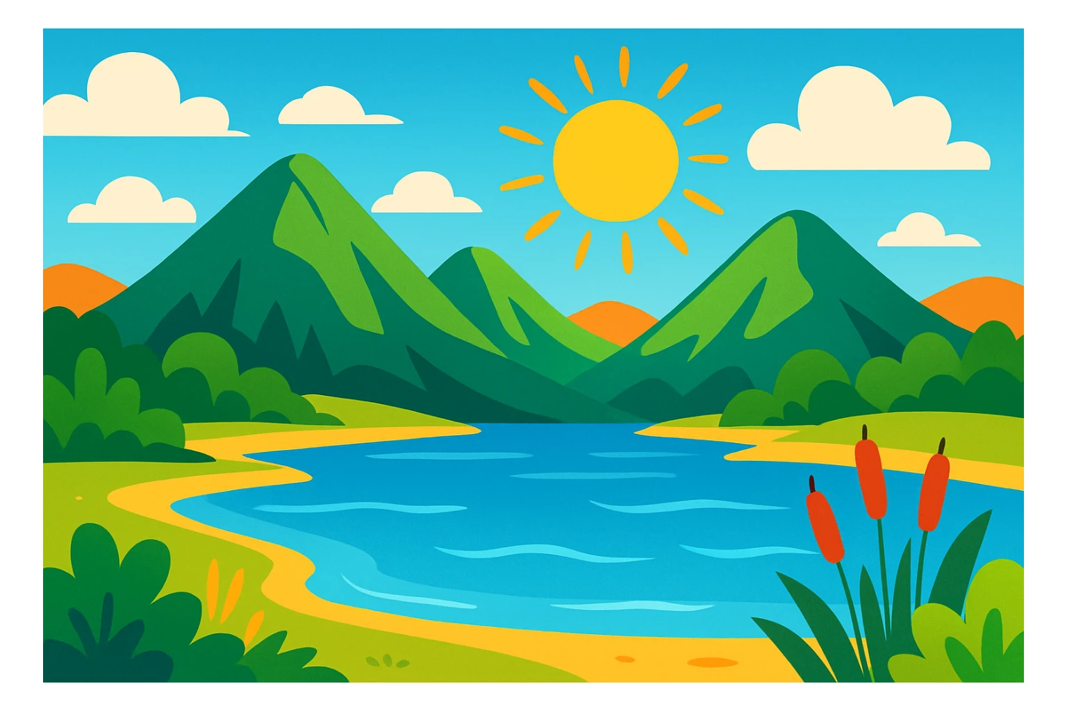 Summer landscape with a lake, mountains in the background, and a bright sun, vibrant and colorful sticker