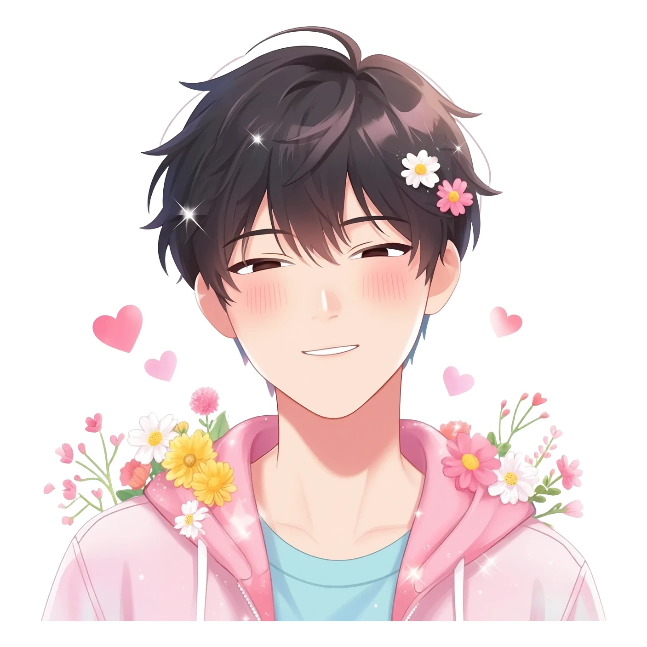 Gorgeous bright sparkly romantic Asian pastel anime guy with blushing face and flowers aesthetic trending style outside sticker