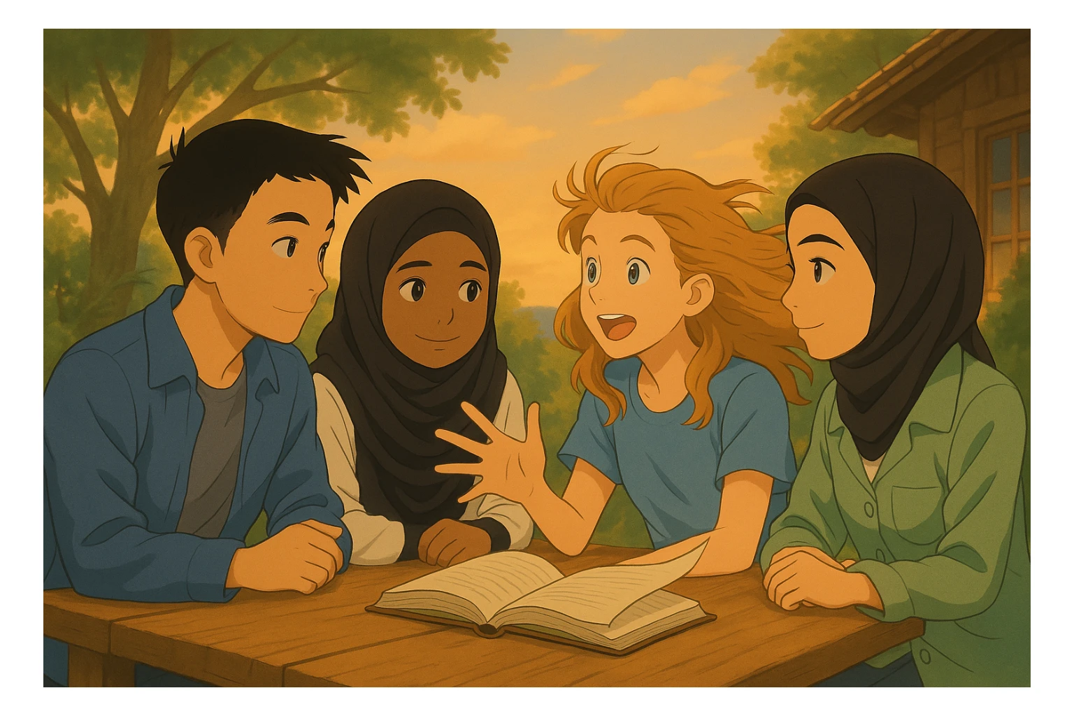 Continuation of the scene: another student is speaking while the others listen attentively. The wind blows gently, causing hair and clothes to move slightly. The book on the table has pages lifting due to the wind. Warm atmosphere, same group of students, same outdoor setting, in Ghibli style. sticker