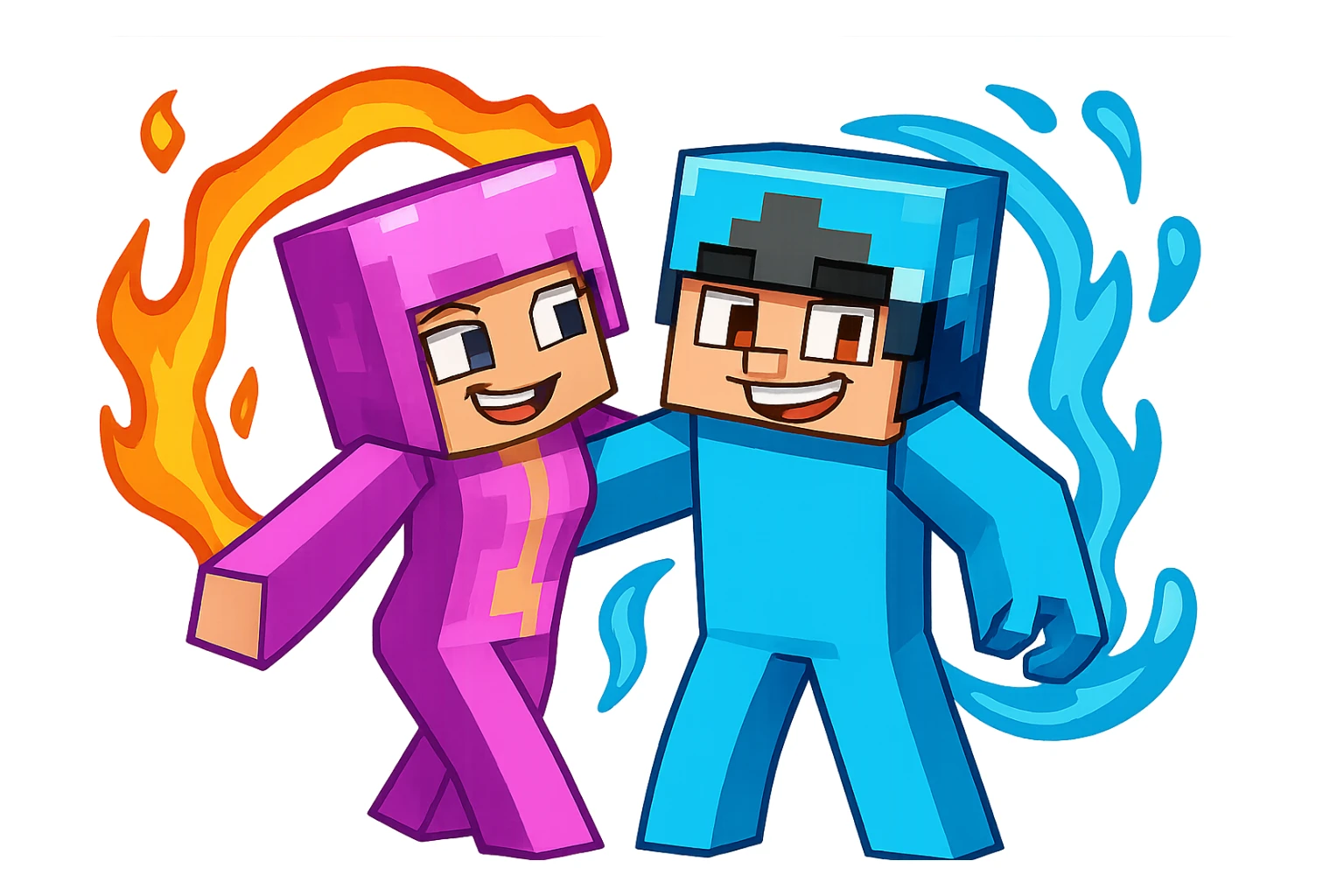 Change the expression of the bottom left character to a mischievous grin, keeping the style and appearance the same, inspired by playful Minecraft-style expressions. Transparent background. sticker