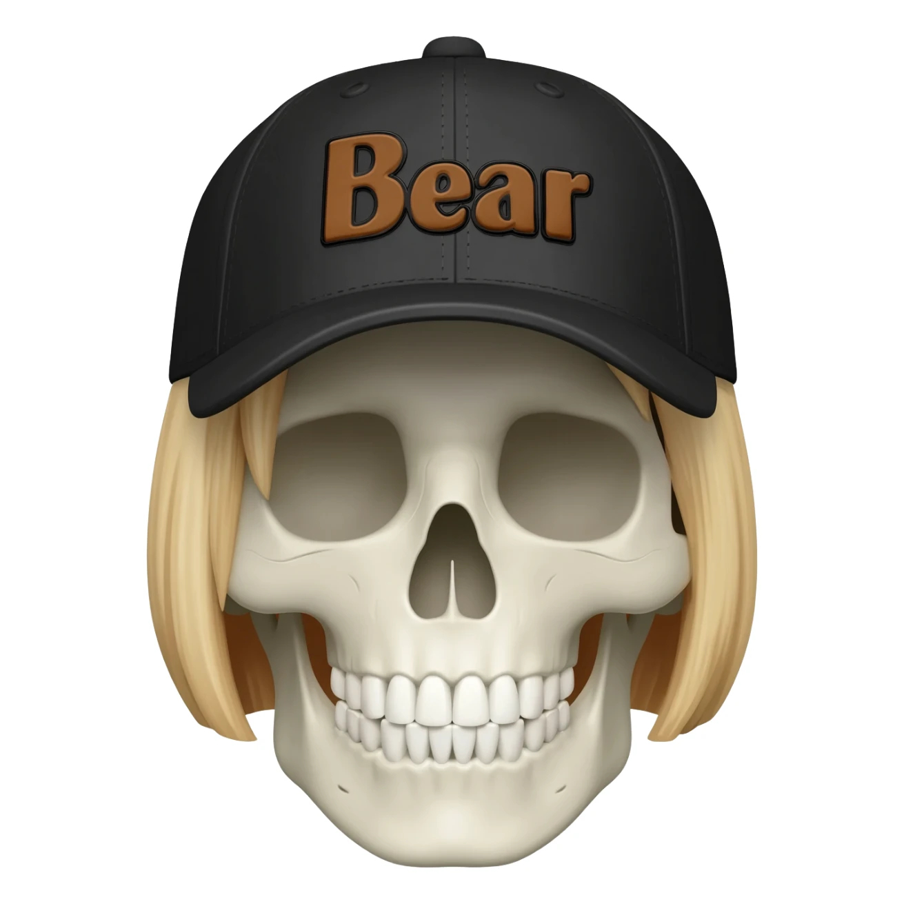 Create a skeleton head wearing a black baseball cap that says "Bear" in brown lettering, with short blonde hair sticker