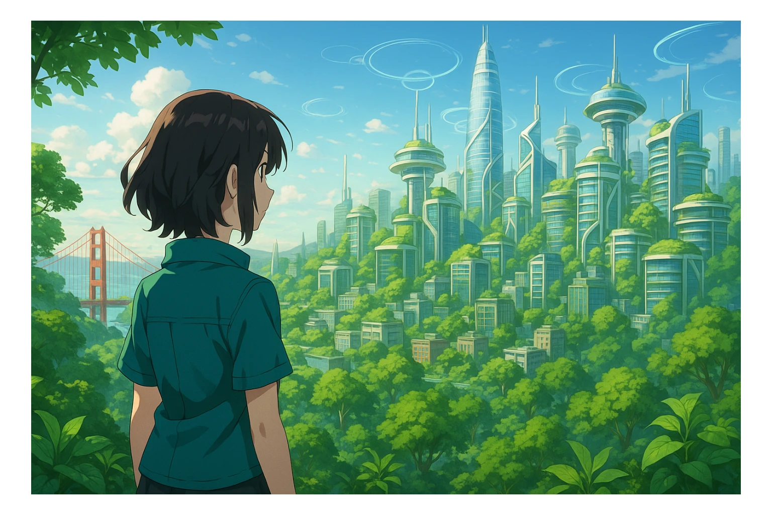 Anime AI character overlooking a peaceful, green San Francisco with futuristic buildings, harmony between nature and tech sticker