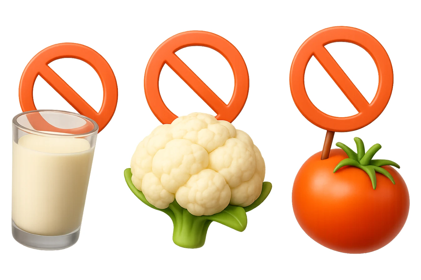 emoji stile iphone di un BICCHIERE DI LATTE CAVOLFIORE E POMODORO CHE FLUTTUANO IN ARIA CON DIVIETI IN MANO, iperrealistico 4k, isolato su sfondo bianco sticker