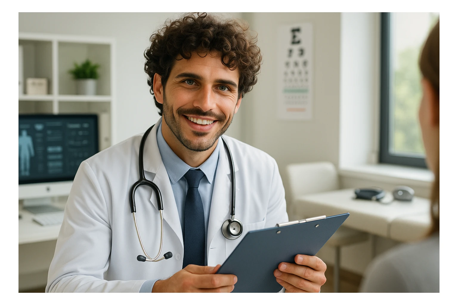 Create a hyperrealistic 4K image of a young smiling doctor inspired by the reference face, wearing a white coat and stethoscope, in a modern medical office. The doctor holds a medical chart and is advising a patient with PCOS who follows a ketogenic diet, with a professional and reassuring expression. Include realistic details, bright and welcoming atmosphere. sticker