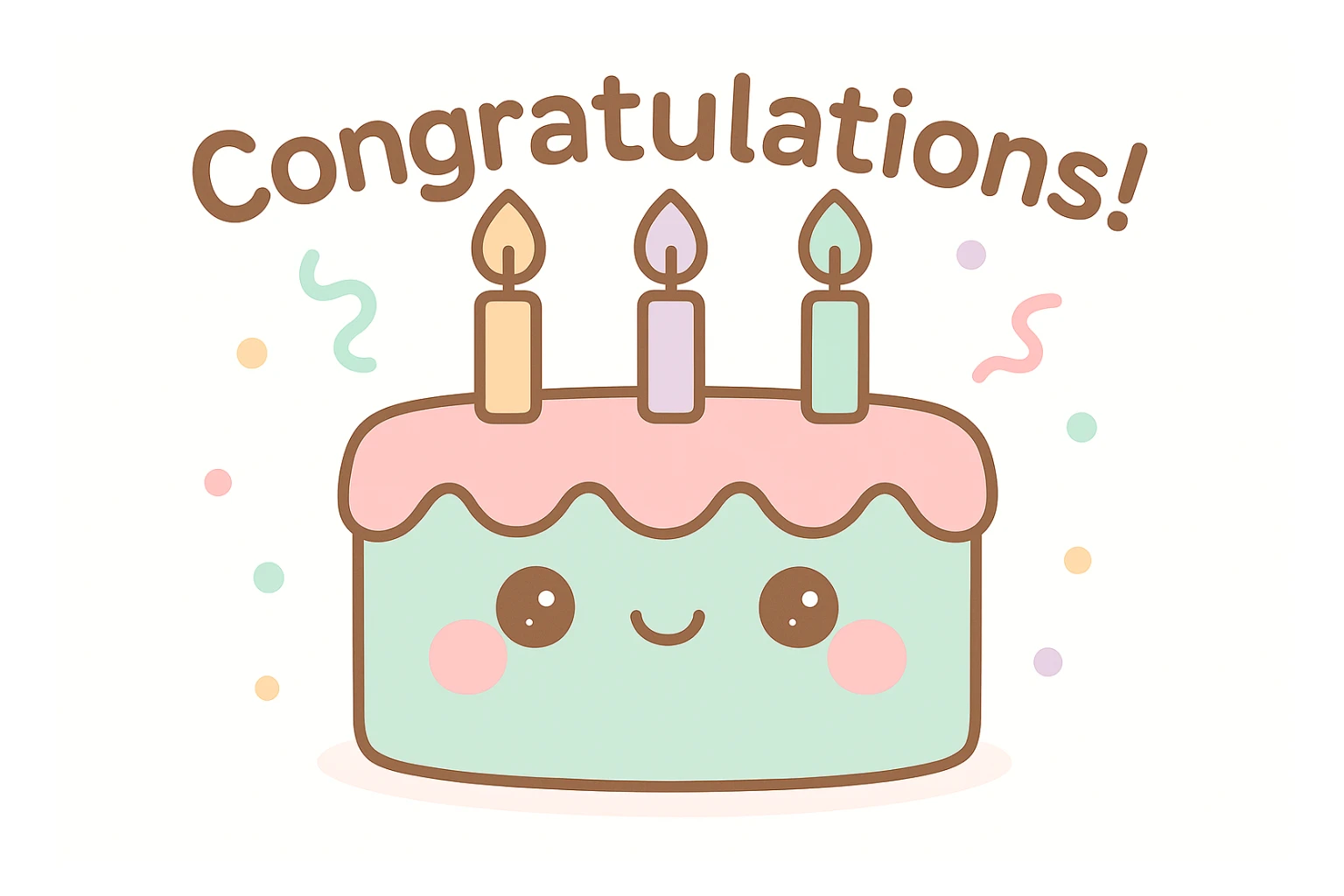 Add the text 'Congratulations!' in a cute, bubbly font above the cake, matching the kawaii style. sticker