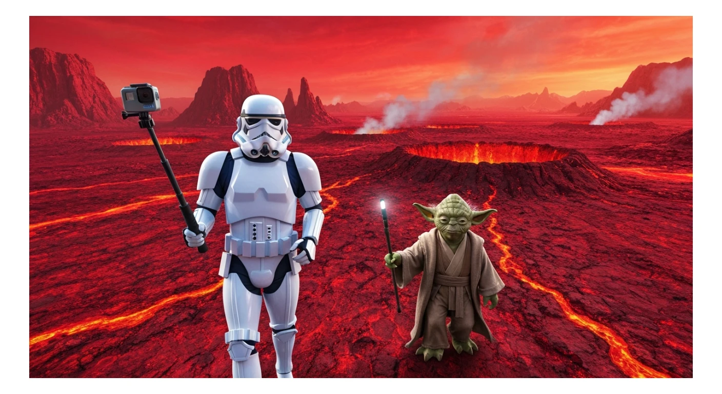 selfie camera, Starwars stormtroopers vlogging , he is walking on lava planet with yoda sticker