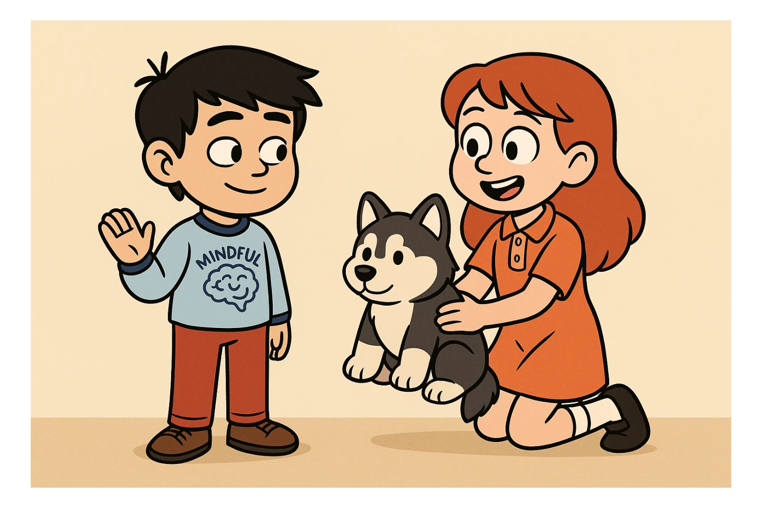 A boy Mindful Blue Original Long Sleeve T blue jeans brown shoe Chinese boy black hair Ringer T White Navy red trousers black shoe Siberian Girl red hair Orange Pro polo dress with socks black loafer a shoe Husky plushie  sticker