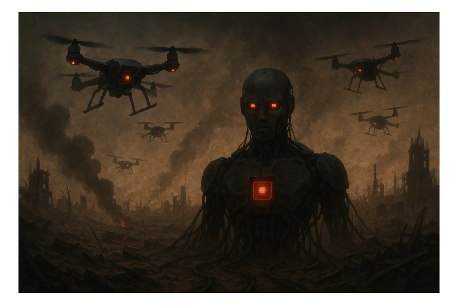 AI controlling drones over a wasteland, smoky sky, apocalyptic technology sticker