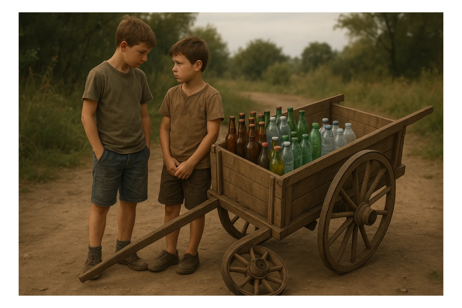 Bir g'ildiragi singan ichimliklar ortilgan arava uning yonida aka uka bir biriga havotirli nigoh bilan qarab turibdi realistik uslubda yuzi ko'rinmasin sticker