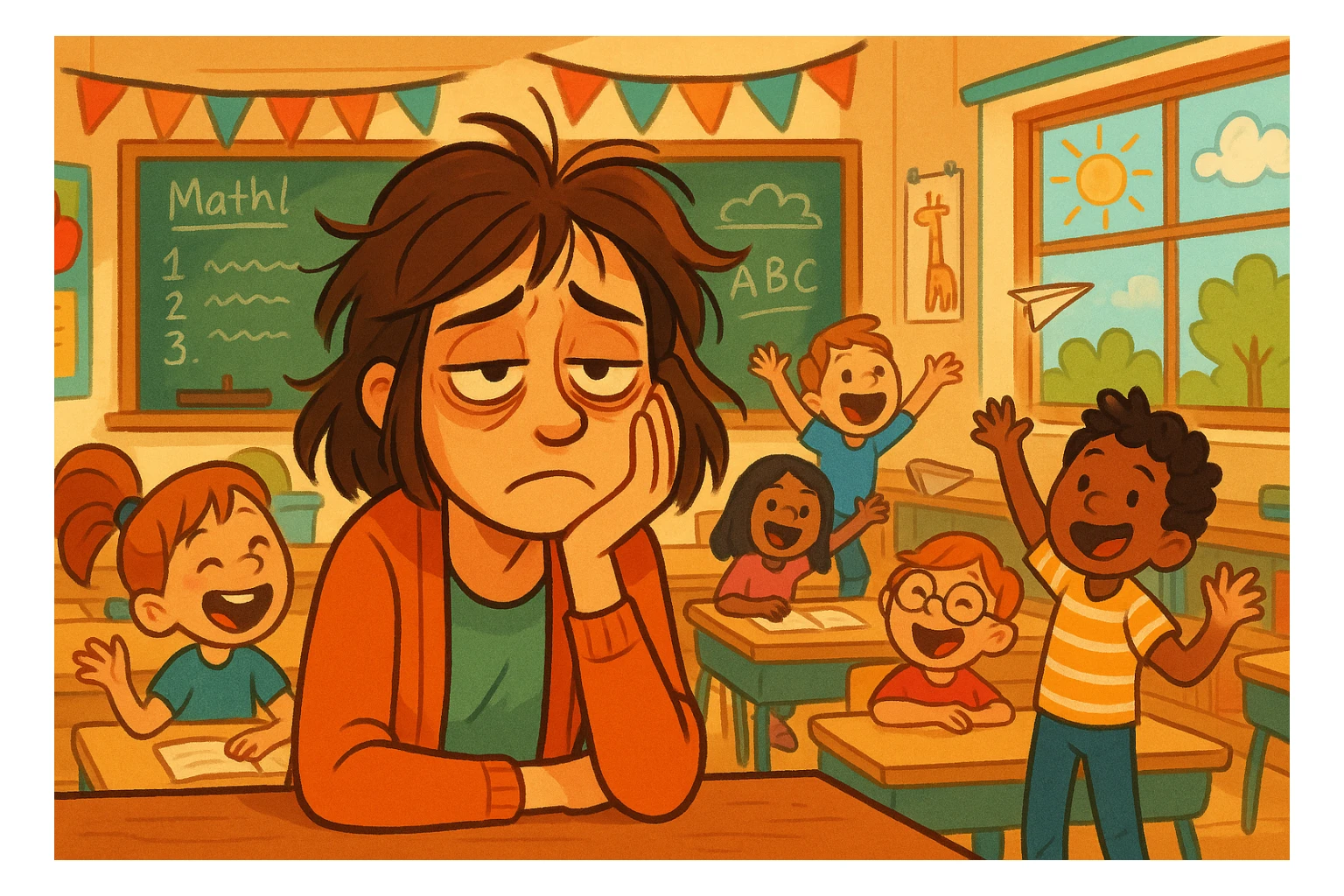 digital cartoon art of a exhausted teacher in a bustling classroom sticker