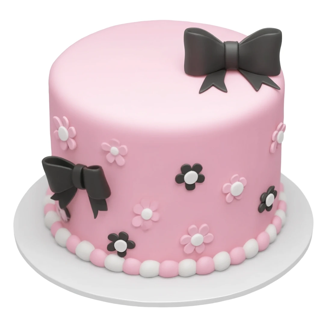 Pastel pink shaped birthday cake with black and white bows and flowers sticker