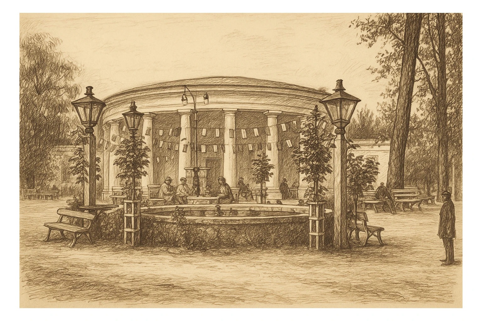 Ротонда в Лазаретном саду Курска в 19 веке - рисованный стиль sticker