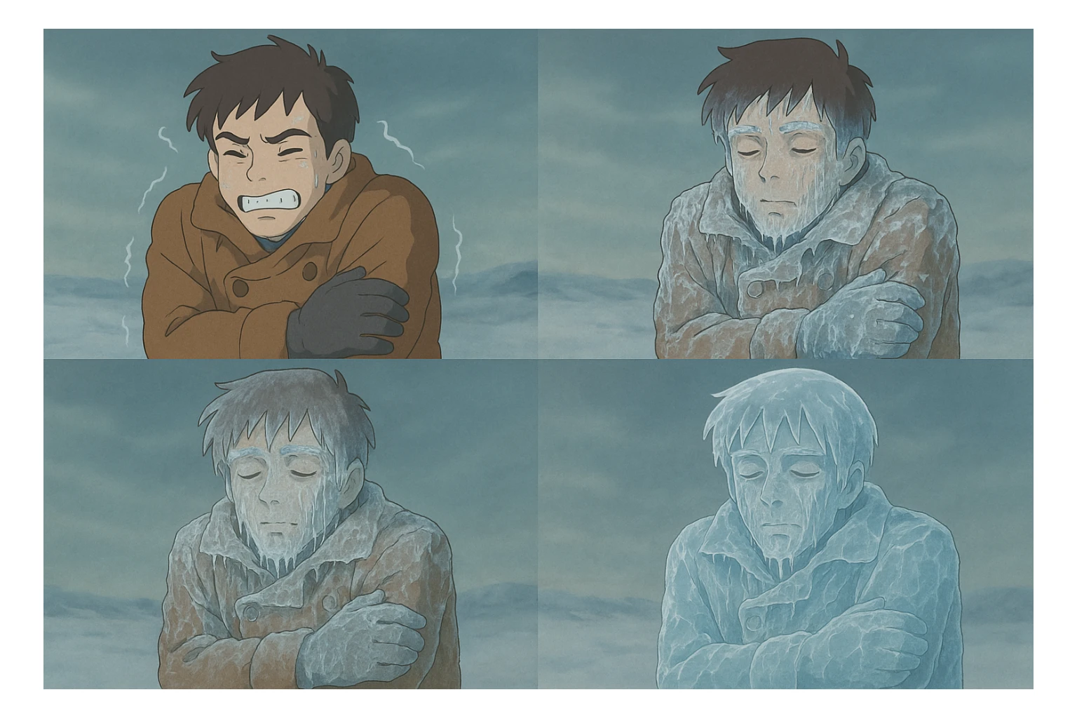 a man freezing step by step, from shivering to encased in ice, ghibli style, soft colors sticker