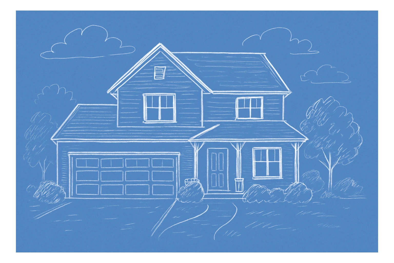 Create a header size 1200 x 800 that uses this image, but make it a white sketch, with a blue background, like the 2nd image sticker