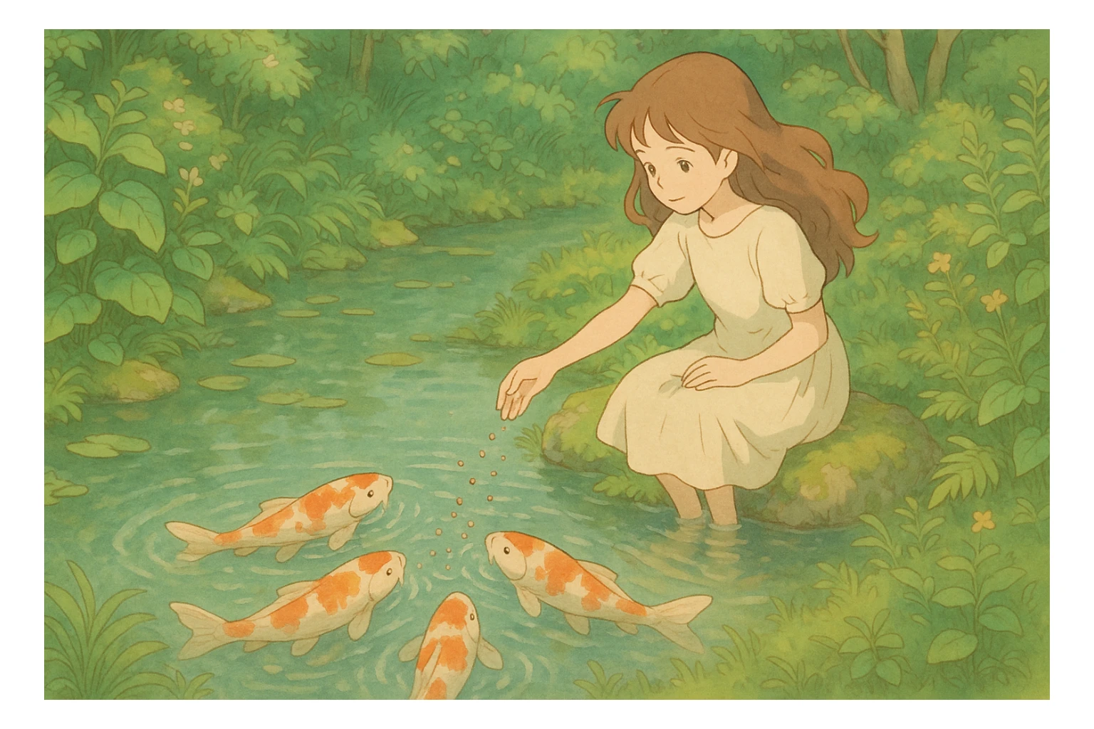 girl feeding koi fish in a pond sticker