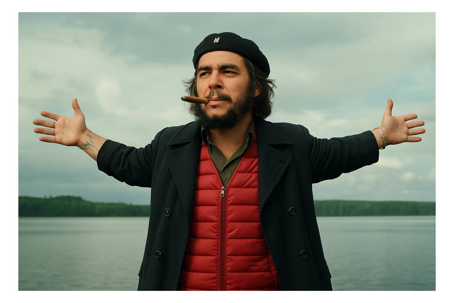 Сгенерируй мне в такой же позе и в такой же одежде Че Гевара и с сигарой в зубах, без надписей и слов sticker