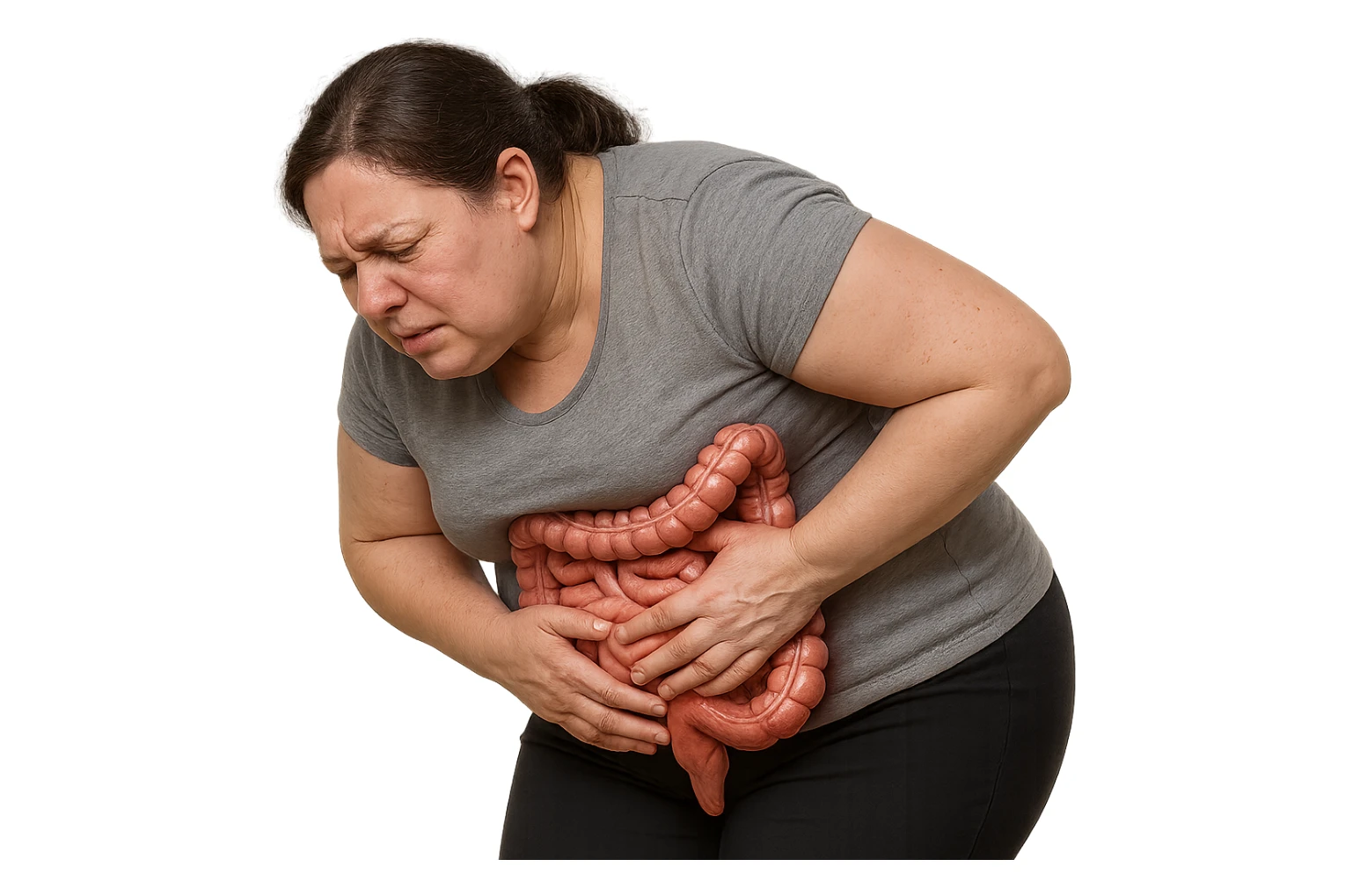 DONNA LEGGERMENTE SOVRAPPESO PIEGATA IN AVANTI CON INTESTINO ANATOMICO IN EVIDENZA, MAL DI PANCIA iperrealistico 4k sticker