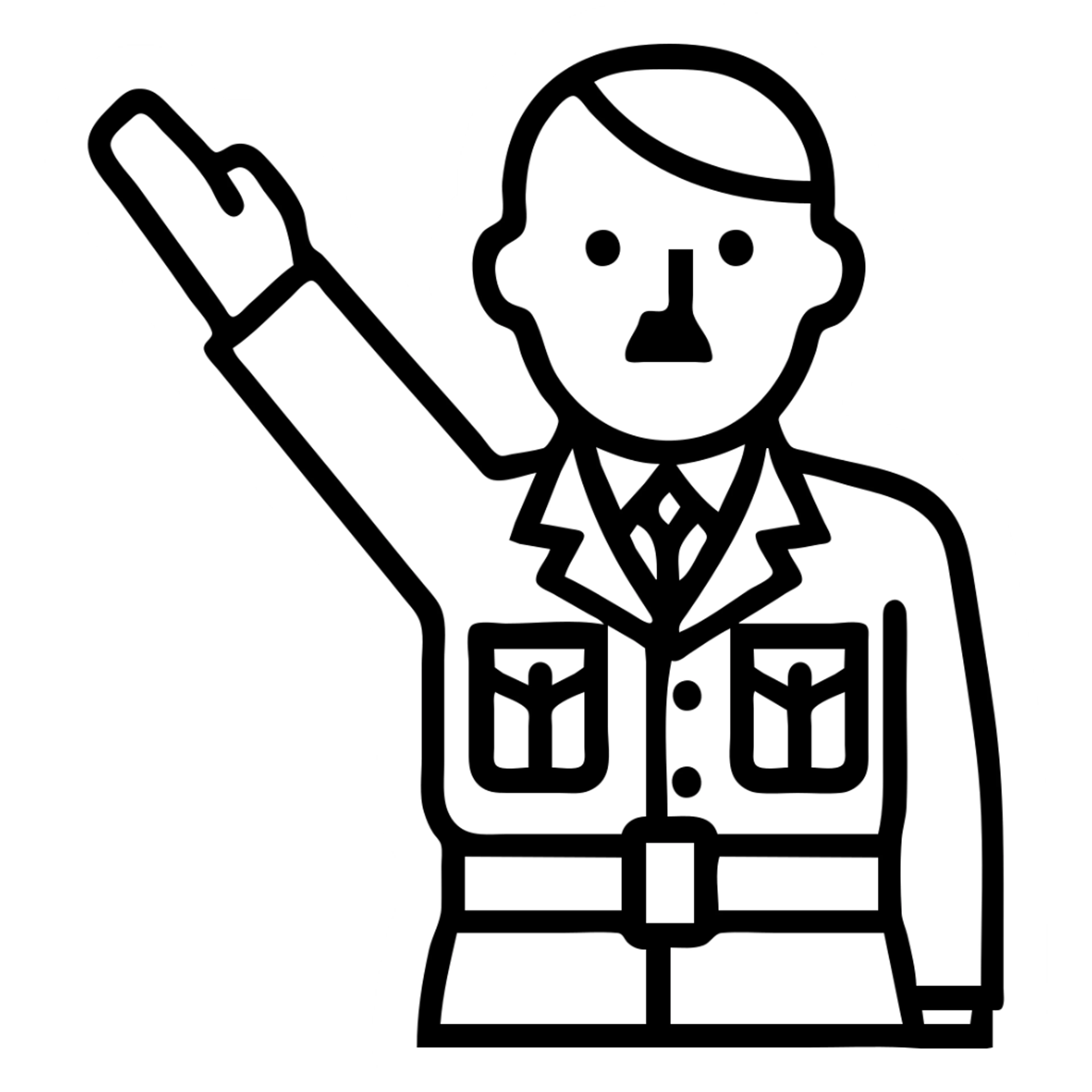 Make the man have his right hand raised at a 45 degree angle, and make the square moustache smaller, keep the brown soldier uniform, no background. sticker
