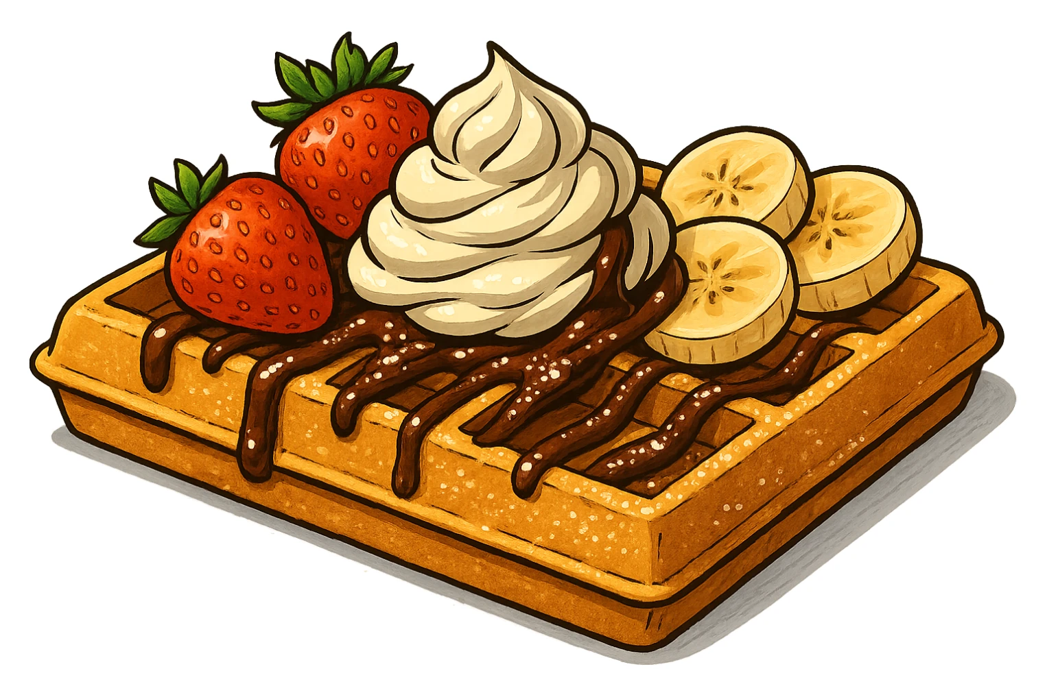 В слегка рисованном, но при этом ярком и объемном стиле с четкими линиями составь композицию, где горизонтально лежит классическая брюссельская вафля с клубникой и бананом, сливочными кремом, политая шоколадом и посыпанная сахарной пудрой, профессиональный свет, подчеркивающий объем, сделай картинку более широкой, прозрачный фон sticker