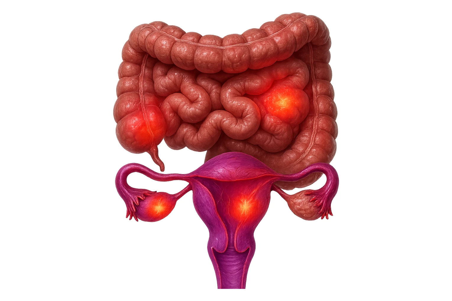 utero umano anatomico iperrealistico e intestino umano anatomico iperrealistico hanno in comune il dolore e l'infiammazione, rendi bene il collegamento tra i due organi doloranti, falla iperrealistica, non disegnata, fai colori che si adattano a questo viola #971ef1 sticker