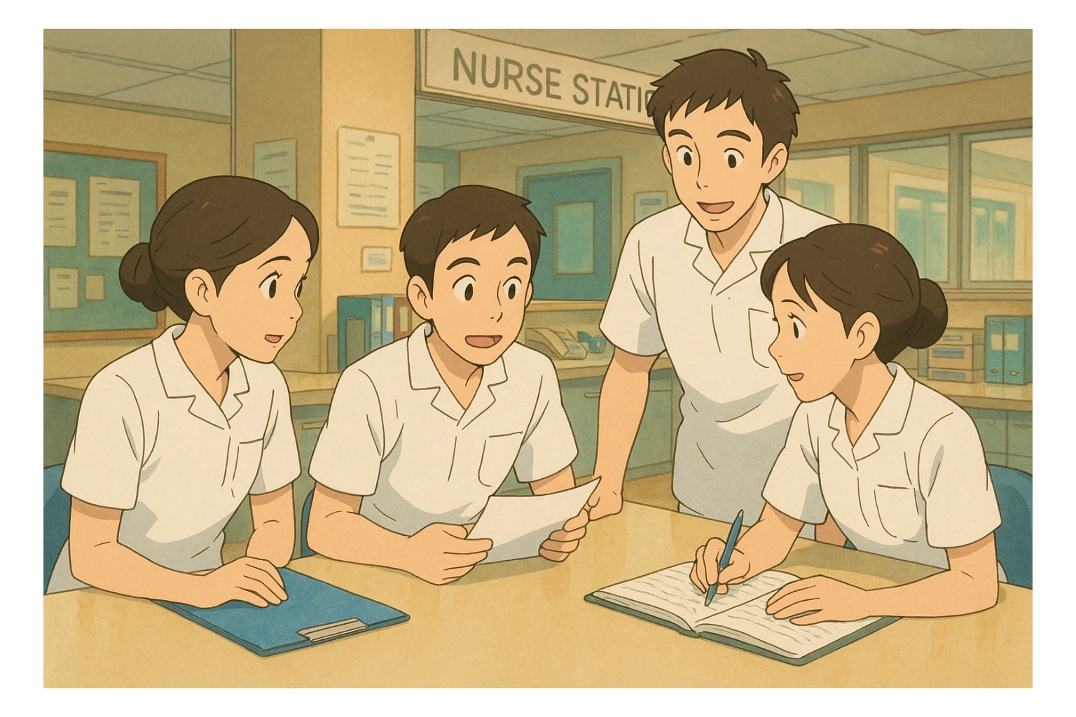groupe de quatre étudiants infirmiers discutant et travaillant ensemble dans un poste de soin, style Ghibli, uniformes blancs à manches courtes, tuniques médicales col en V, poche poitrine à gauche, sans pied de col ni accessoires, ambiance d'équipe sticker